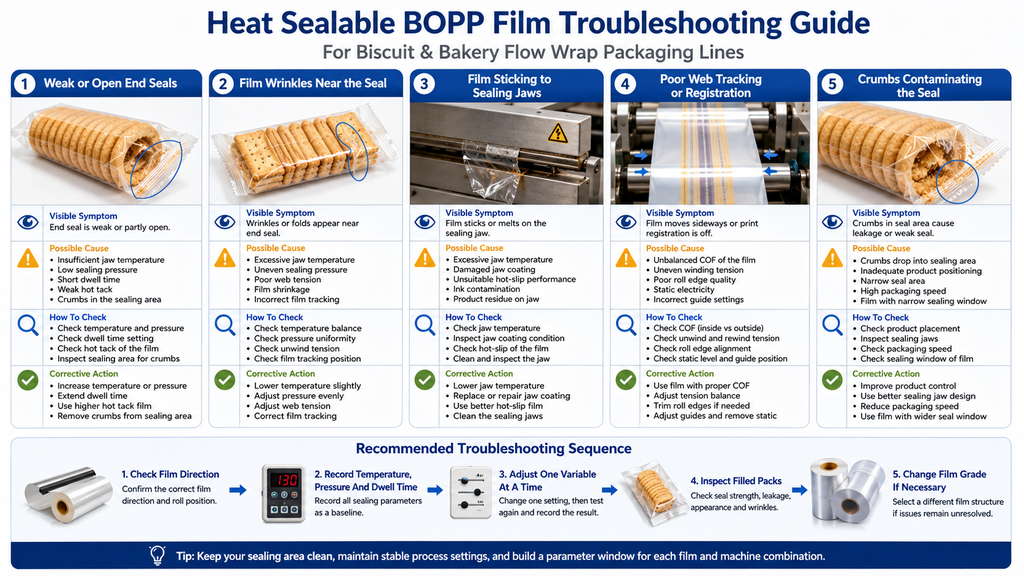 Heat Sealable BOPP Film Troubleshooting For Bakery Flow Wrap Packaging