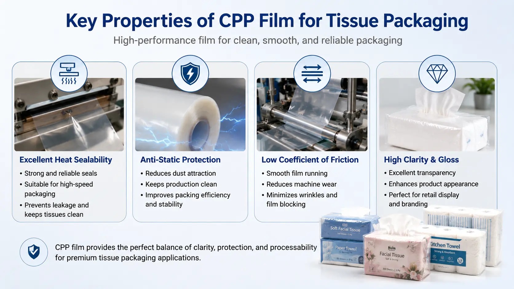 Key Properties Of CPP Film For Tissue Packaging Heat Seal Anti Blocking Low COF And Clarity