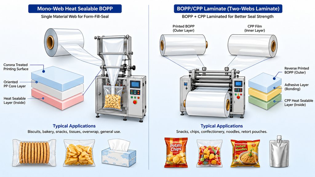 Mono Web Heat Sealable BOPP Vs BOPP CPP Laminate Structure