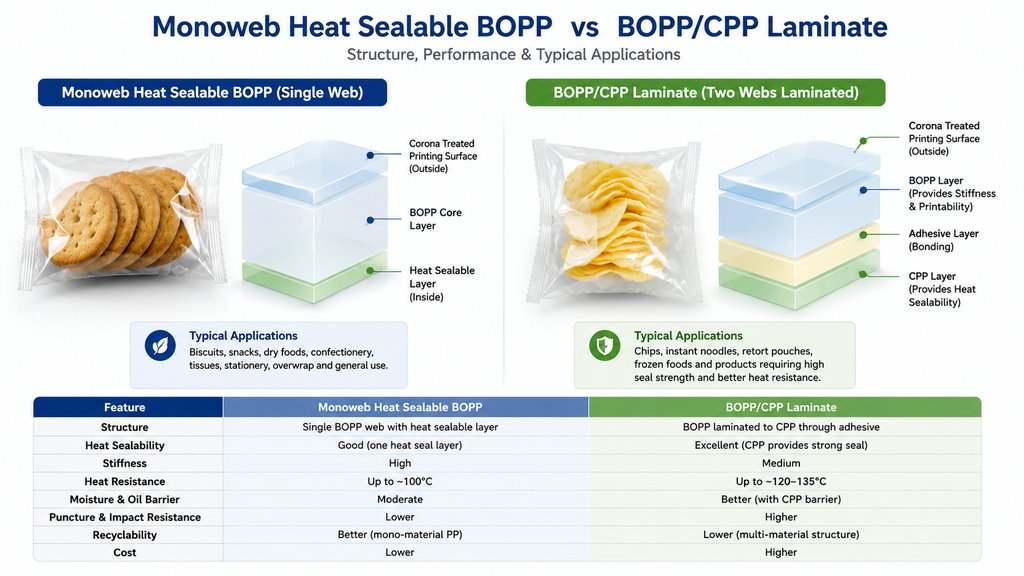 Monoweb Heat Sealable BOPP Vs BOPP CPP Laminate Comparison