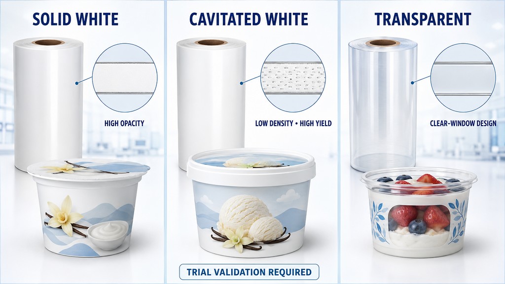 Solid White Cavitated White And Transparent BOPP IML Film Comparison