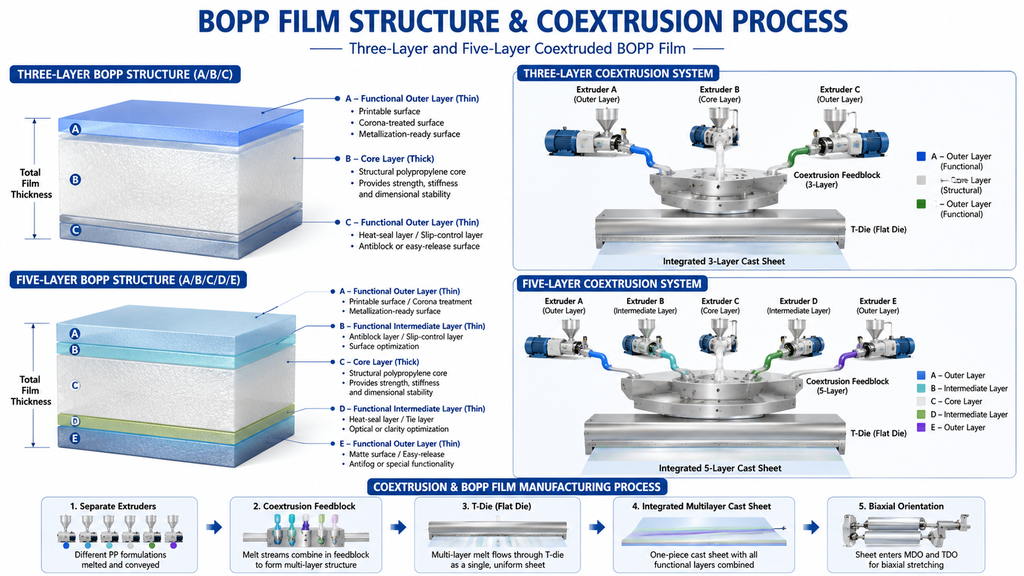 Three Layer And Five Layer Coextruded BOPP Film Structure