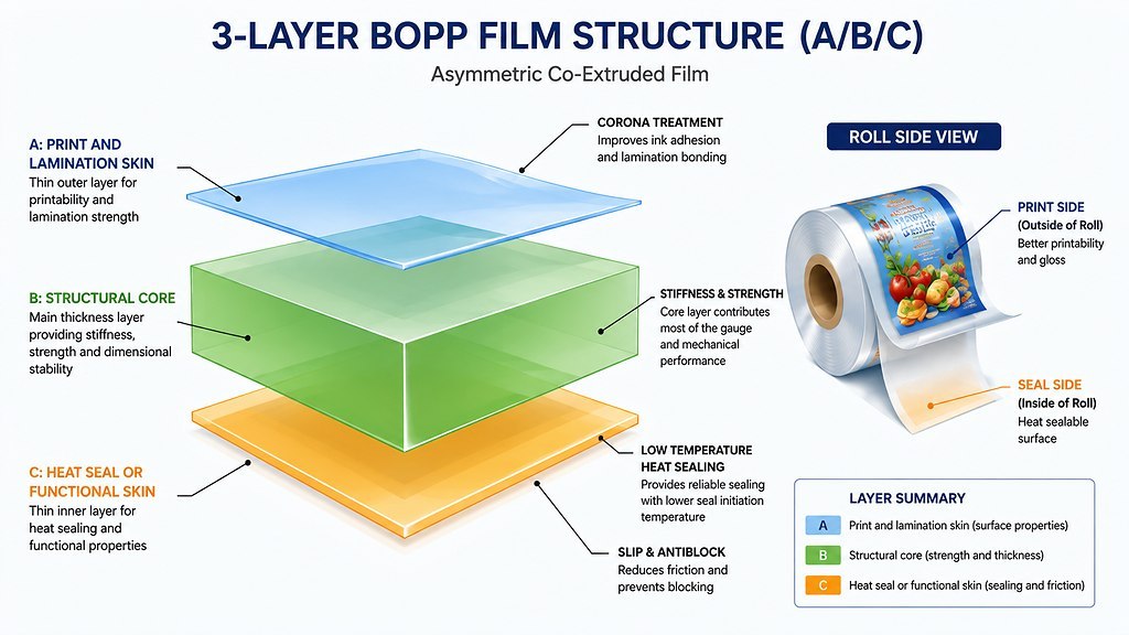 Three Layer BOPP Film ABC Cross Section And Surface Functions