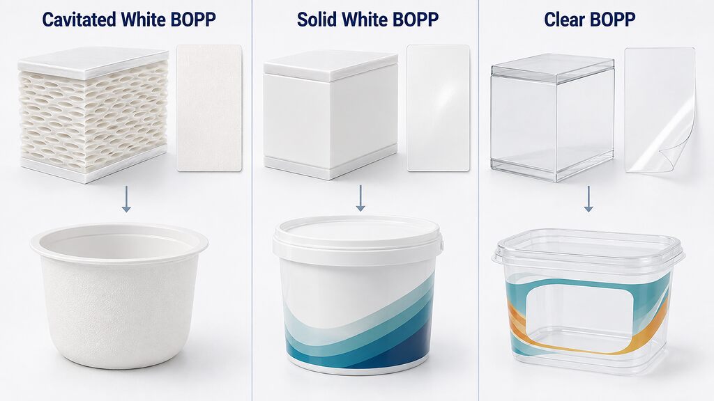 Cavitated White Solid White And Clear BOPP IML Film Comparison