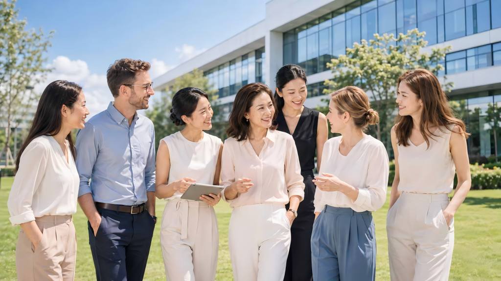 CloudFilm Multicultural Business Team Collaborating Outside Modern Factory Office