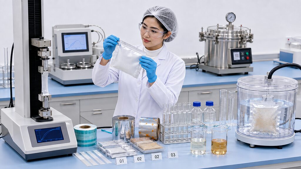 Food Packaging Quality Testing By Thai Technician For Seal Strength Barrier And Retort Performance