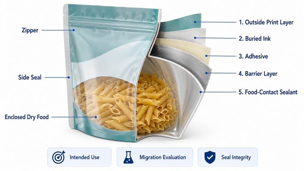 Multilayer Food Packaging Bag Structure With Ink Adhesive Barrier And Seal Layers