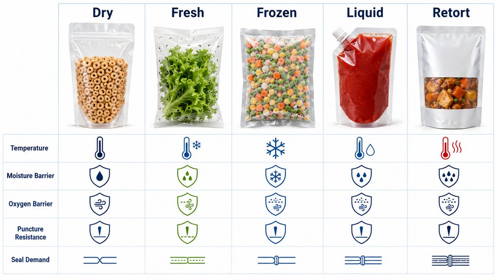 Plastic Food Bag Selection Matrix For Dry Fresh Frozen Liquid And Retort Foods