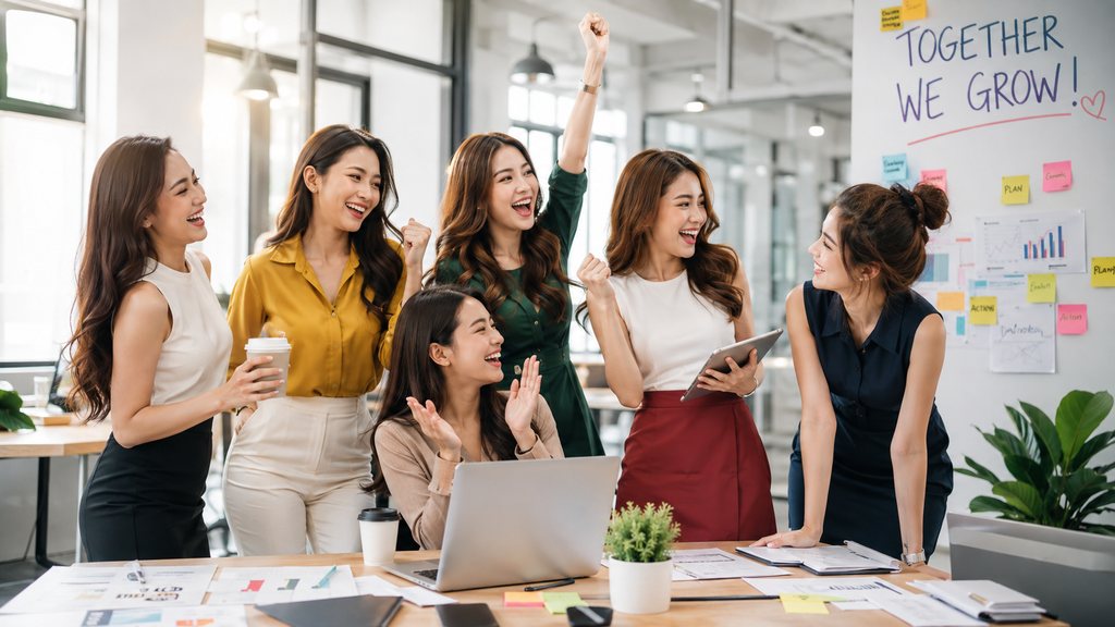Young Professional Women Celebrating Teamwork And Positive Company Culture