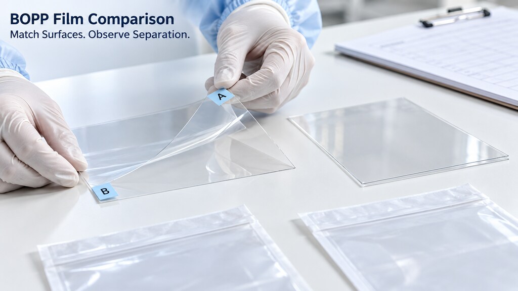 BOPP Film Samples With Gloved Hands Checking Layer Separation