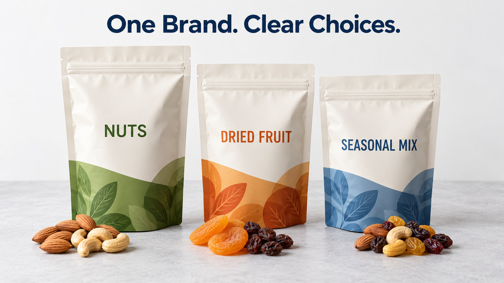Coordinated Flexible Packaging For Nuts Dried Fruit And Seasonal Mix