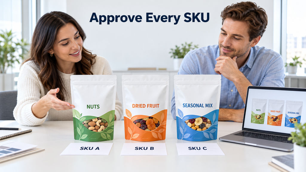 Packaging Team Reviewing Snack Pouches And SKU Artwork