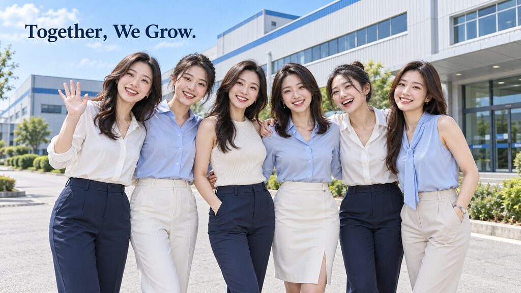 Smiling Women Showing Team Spirit Outside A Modern Factory